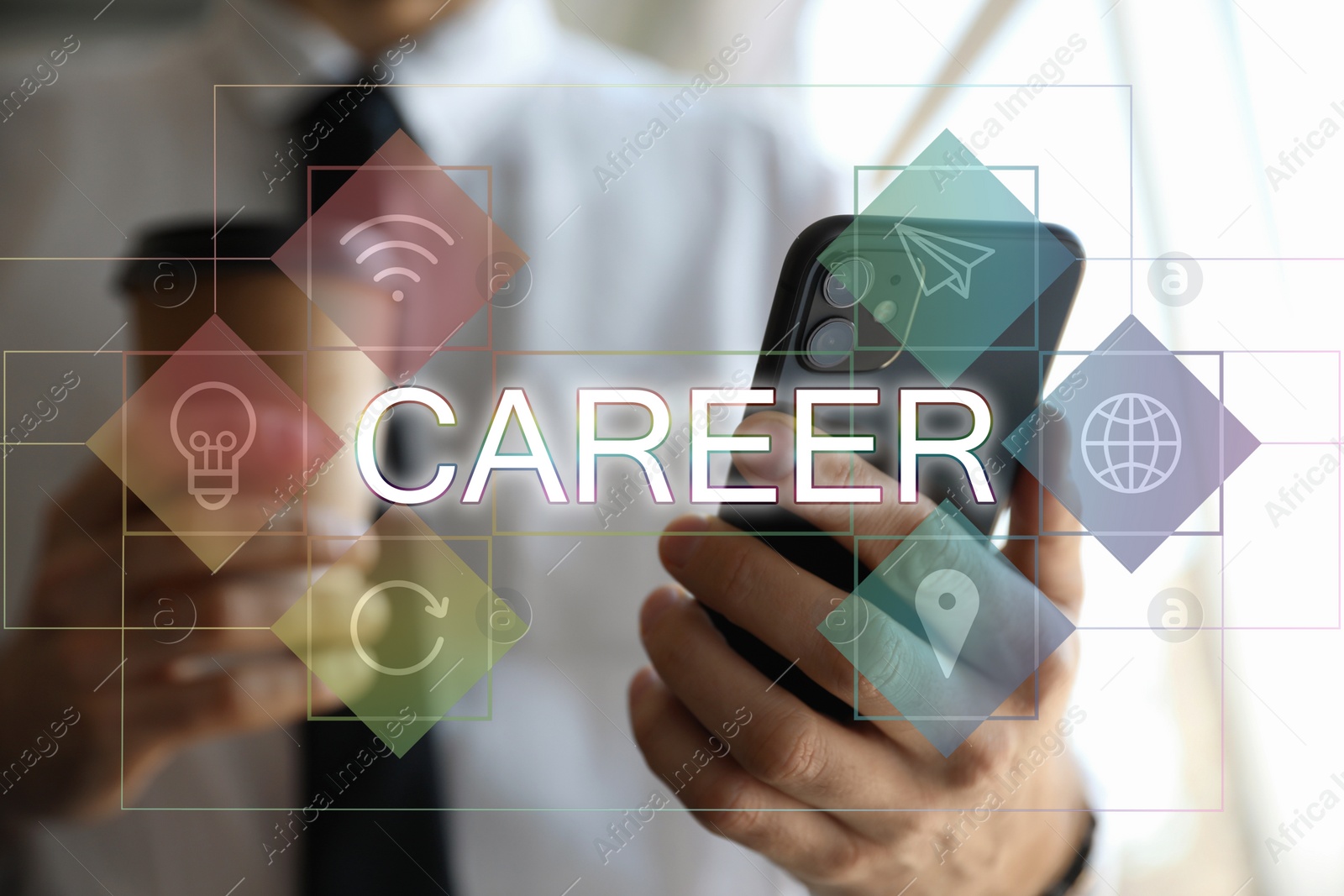 Image of Career opportunities. Man with smartphone indoors, closeup