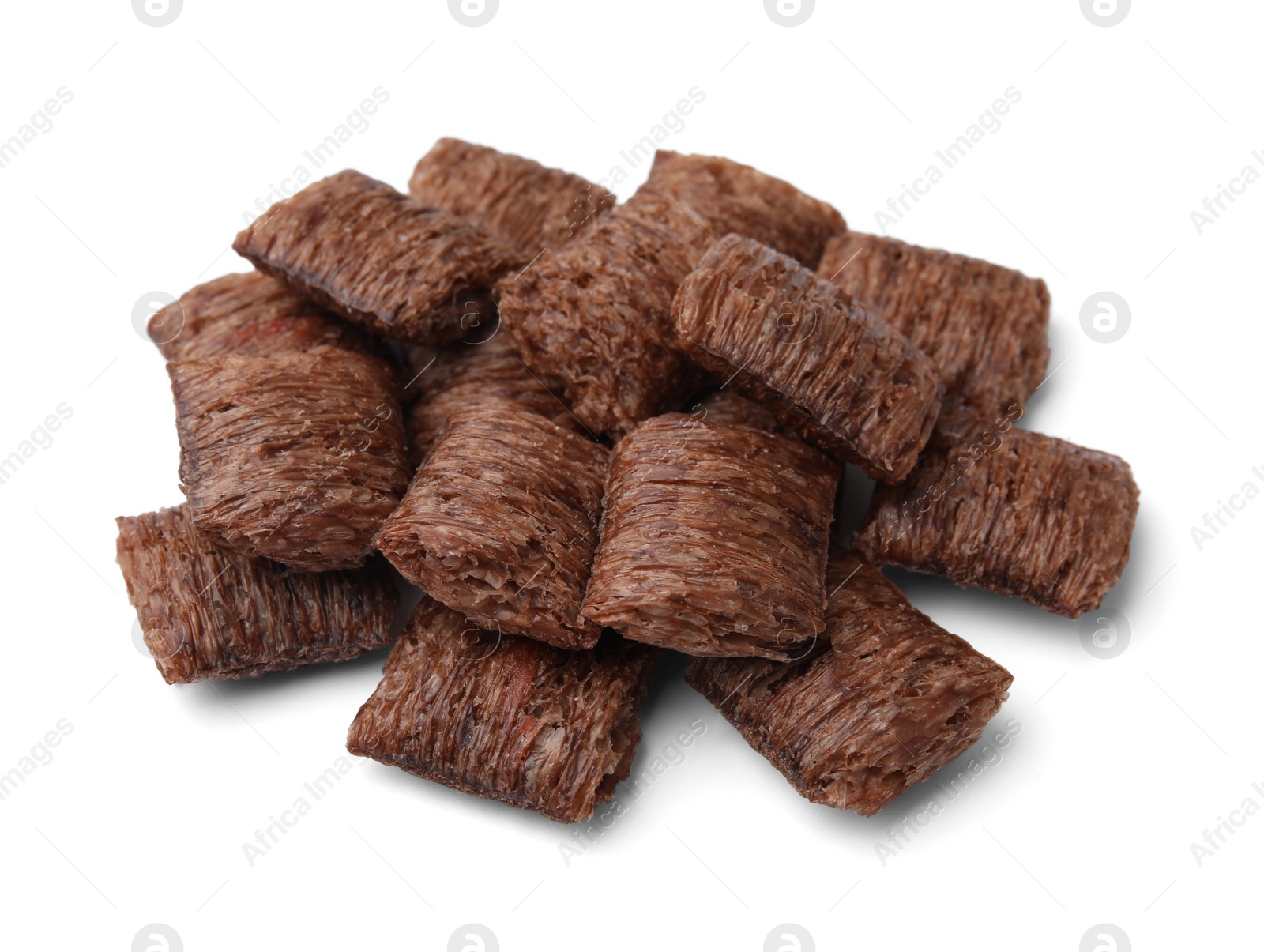 Photo of Tasty chocolate cereal pads isolated on white