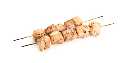 Photo of Skewers with delicious fresh shish kebabs isolated on white