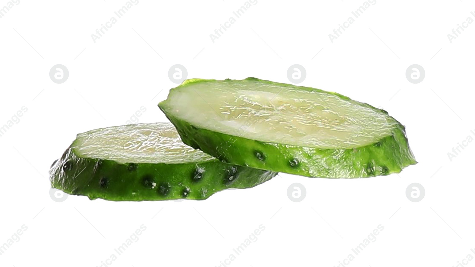 Photo of Juicy cucumber slices isolated on white. Sandwich ingredient