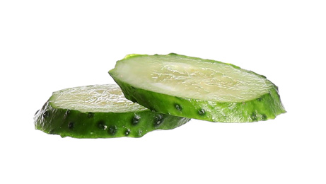 Juicy cucumber slices isolated on white. Sandwich ingredient