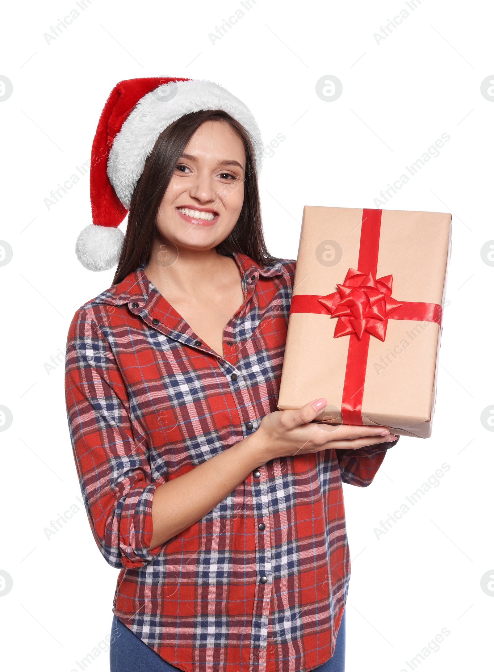 Photo of Young woman with Christmas gift on white background