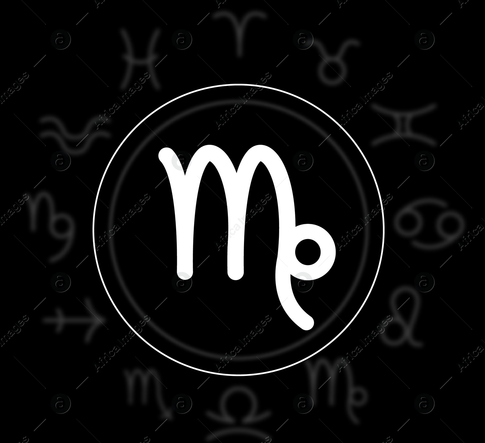 Illustration of Virgo astrological sign and zodiac wheel on black background. Illustration 