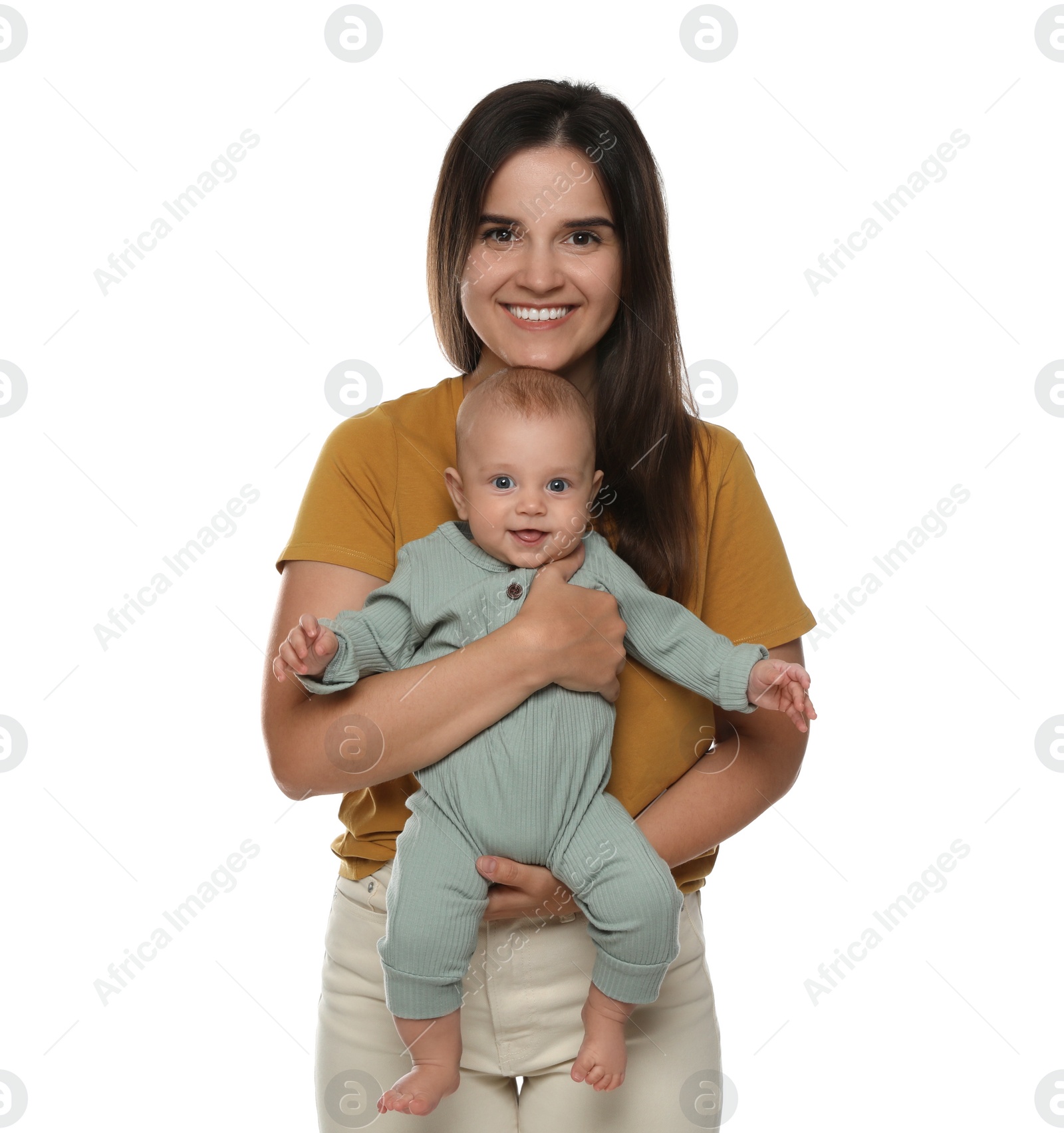 Photo of Beautiful mother with her cute baby on white background