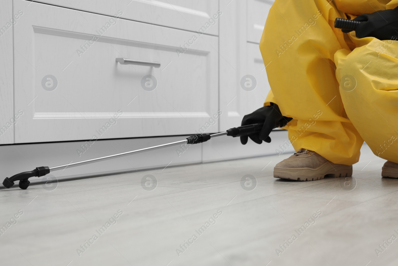 Photo of Pest control worker spraying pesticide around furniture indoors, closeup