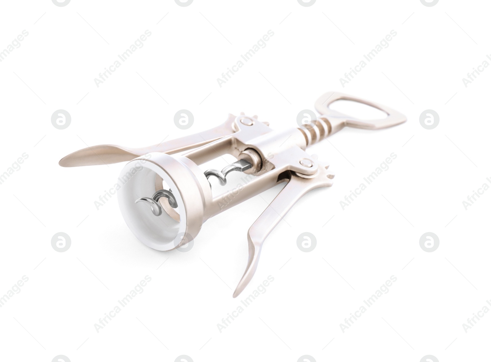 Photo of Stainless steel corkscrew isolated on white. Kitchen utensils