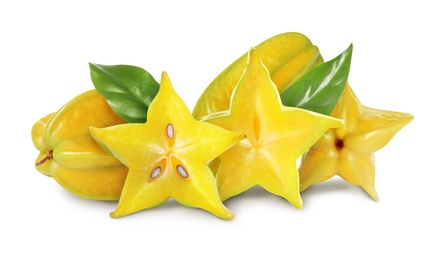 Delicious ripe carambola fruits on white background