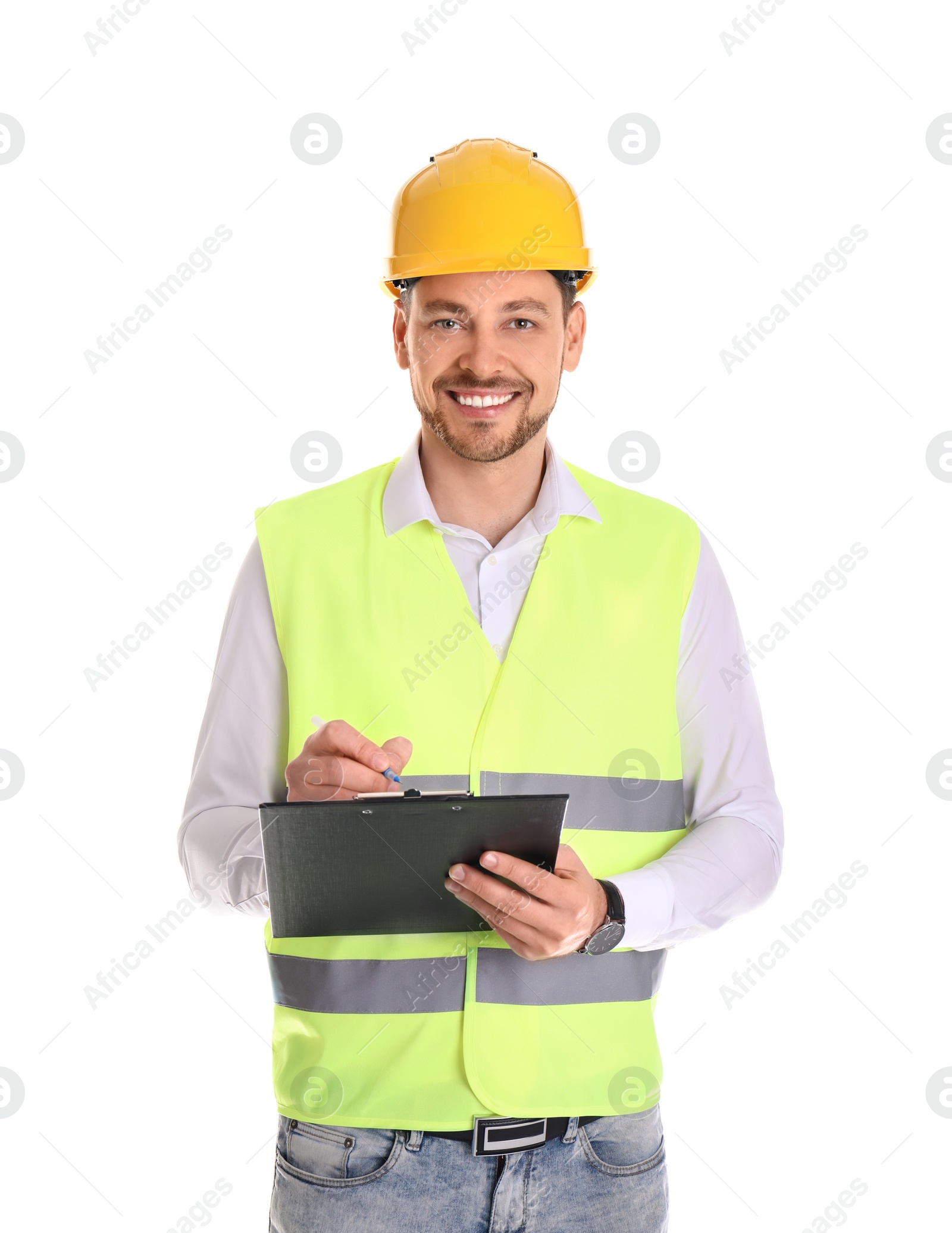 Photo of Male industrial engineer in uniform with clipboard on white background. Safety equipment