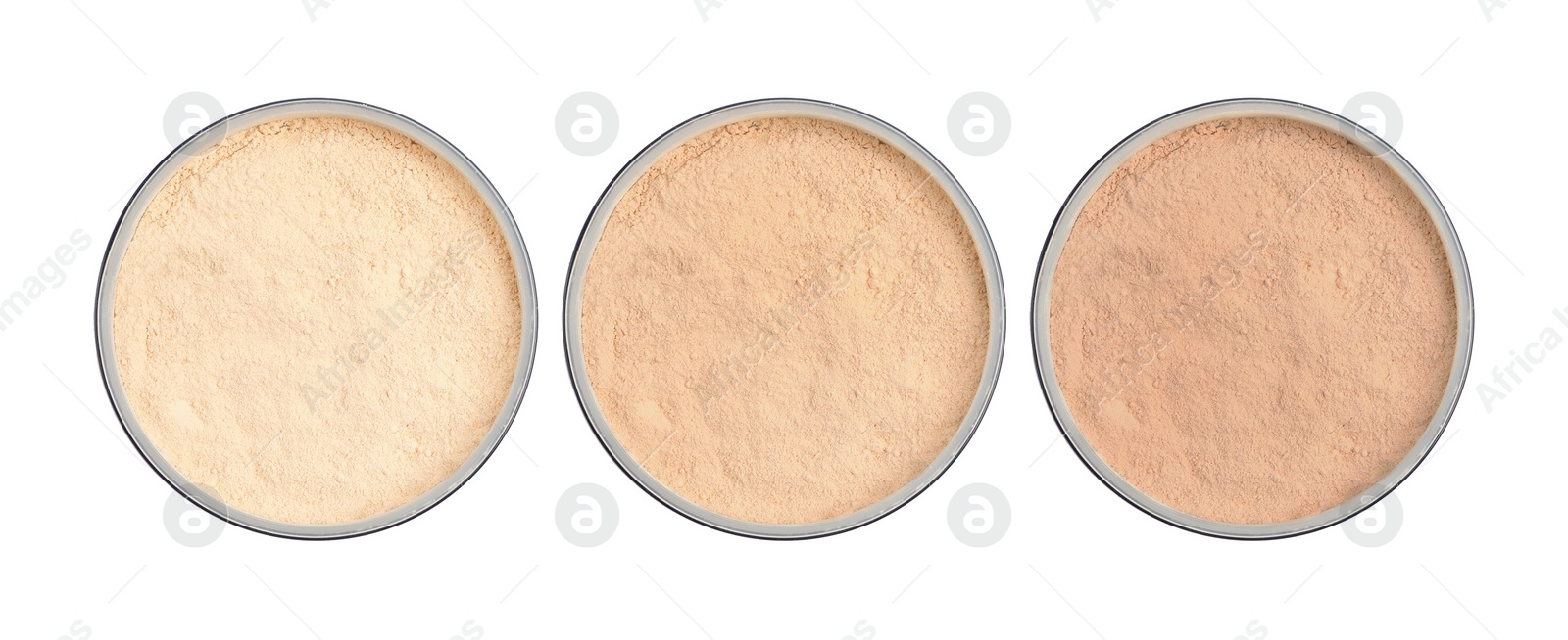 Image of Loose face powders of different shades isolated on white, collection. Top view