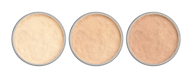 Image of Loose face powders of different shades isolated on white, collection. Top view