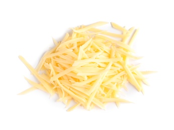 Heap of grated delicious cheese on white background