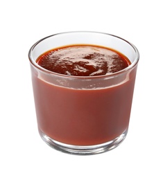 Glass dish of barbecue sauce on white background