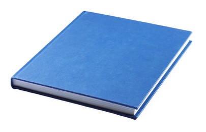 Photo of One closed blue hardcover book isolated on white