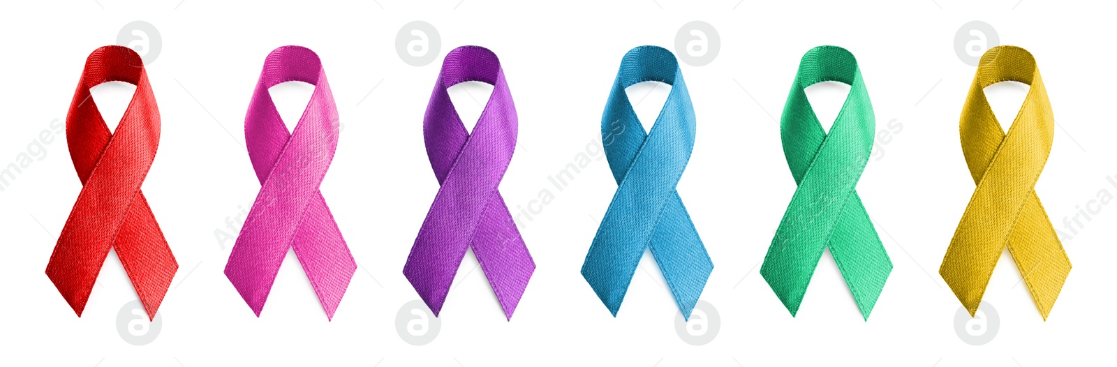 Image of Set with different color ribbons on white background, banner design. World Cancer Day