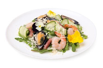 Photo of Plate of delicious salad with seafood isolated on white