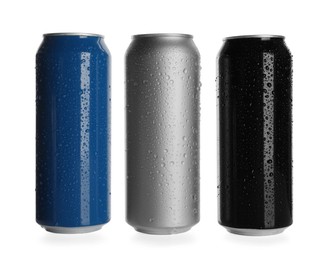 Aluminum cans with water drops on white background. Mockup for design