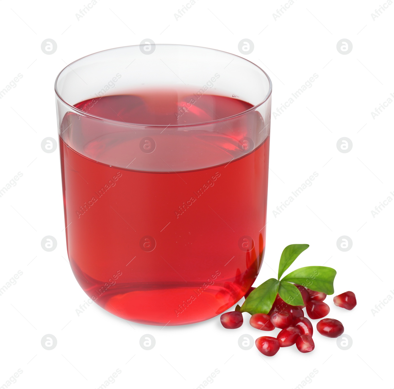 Photo of Refreshing pomegranate juice in glass, leaves and seeds isolated on white