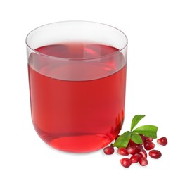 Photo of Refreshing pomegranate juice in glass, leaves and seeds isolated on white