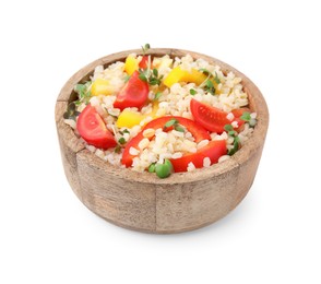 Cooked bulgur with vegetables in wooden bowl isolated on white