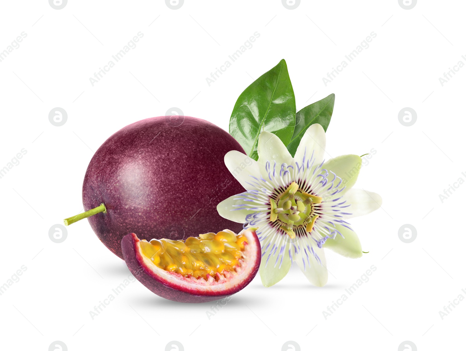 Image of Delicious ripe passion fruits, flower and green leaves on white background