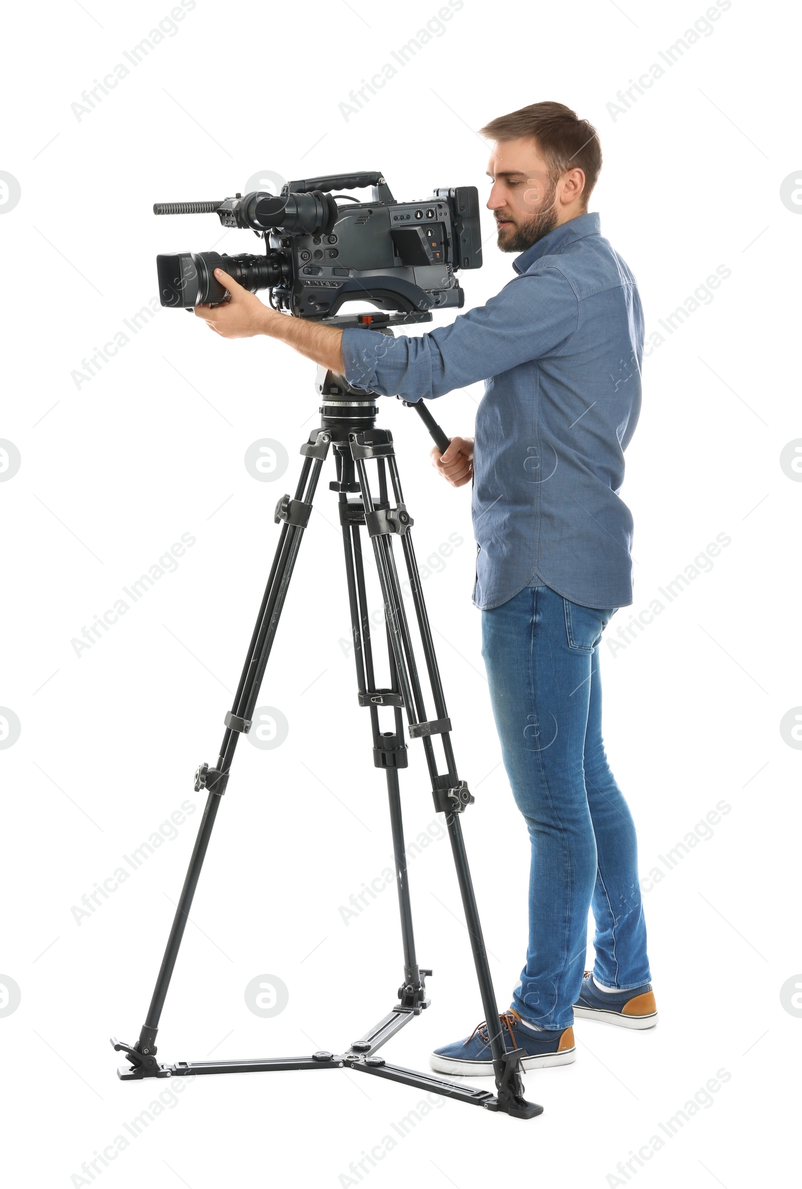 Photo of Operator with professional video camera on white background