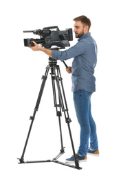 Operator with professional video camera on white background