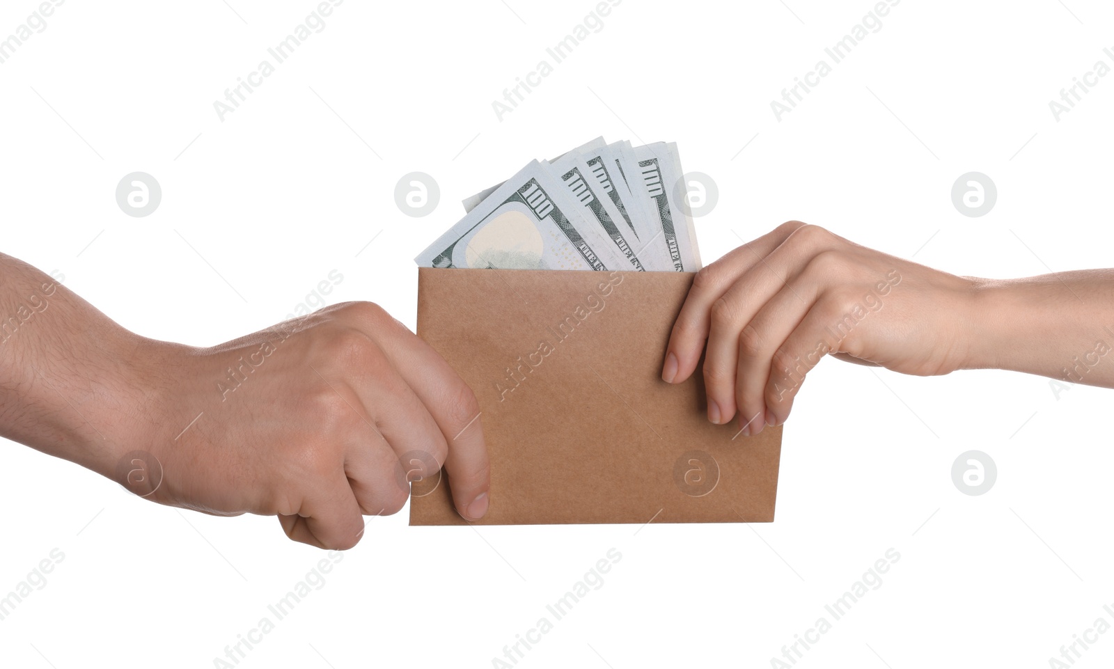 Photo of Money exchange. Man giving envelope with dollar banknotes to woman on white background, closeup