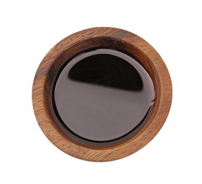 Photo of Tasty soy sauce in bowl isolated on white, top view