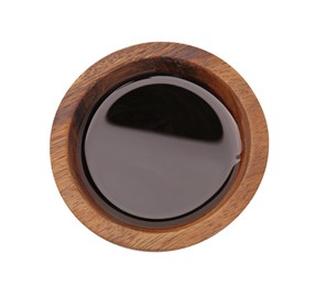 Tasty soy sauce in bowl isolated on white, top view