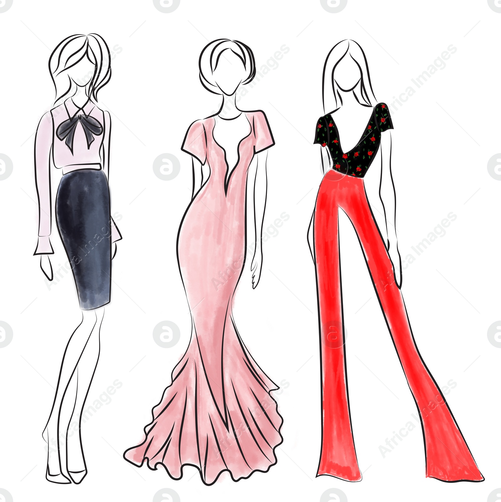 Illustration of Fashion sketch. Models wearing stylish clothes on white background, illustration