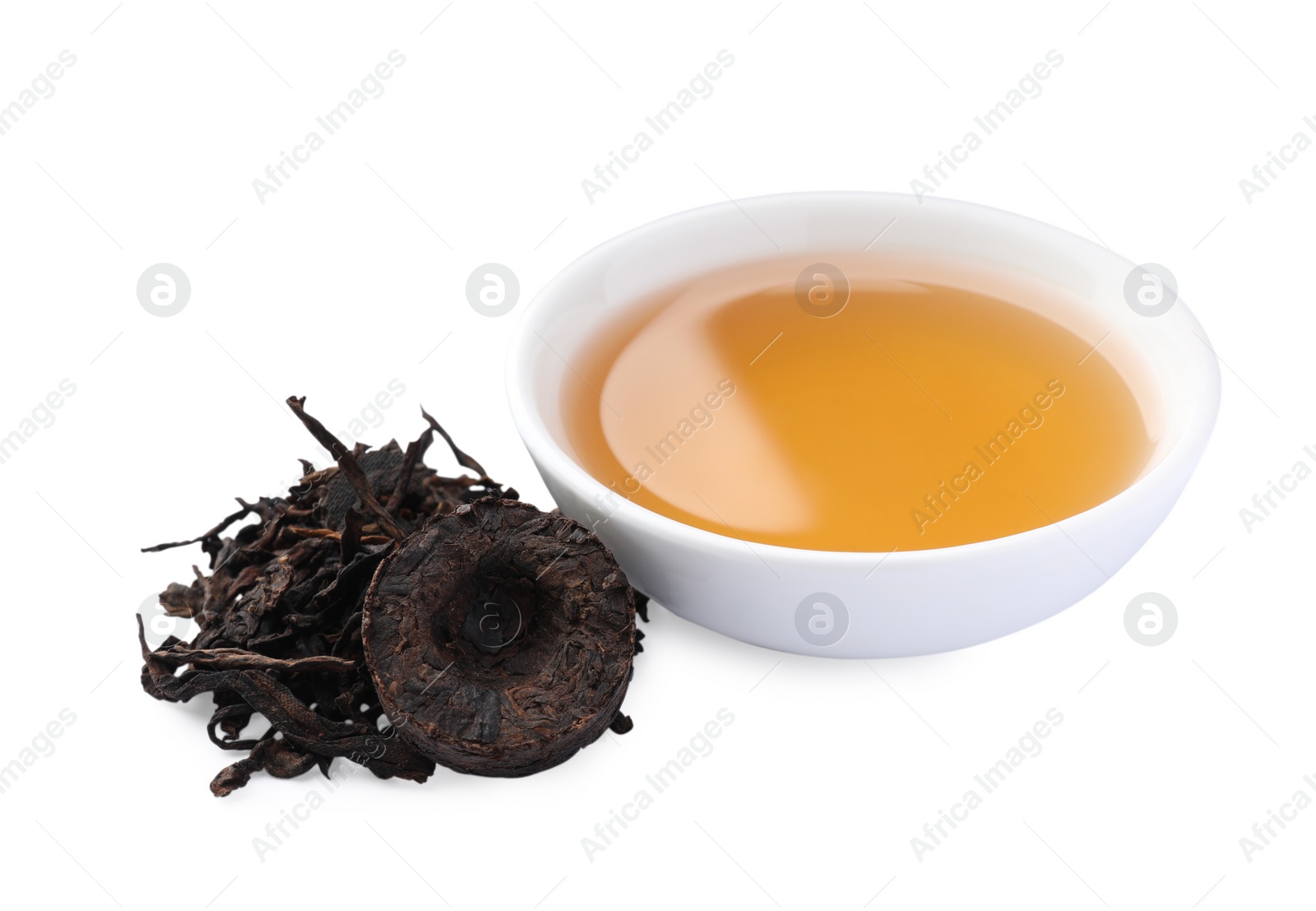 Photo of Traditional Chinese pu-erh tea and freshly brewed beverage isolated on white