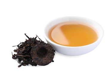 Traditional Chinese pu-erh tea and freshly brewed beverage isolated on white