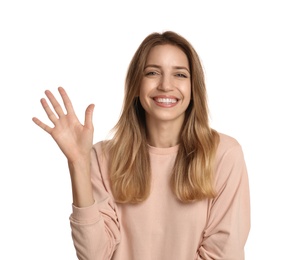 Photo of Woman showing number five with her hand on white background