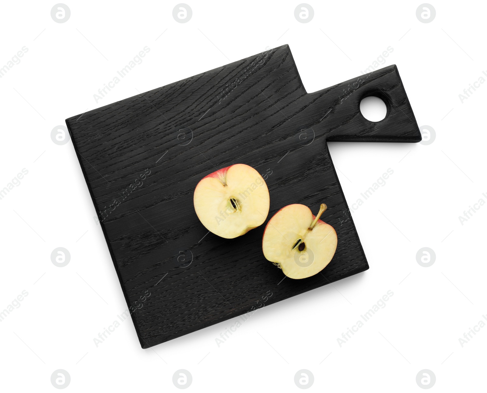 Photo of Black cutting board with fresh apples isolated on white, top view