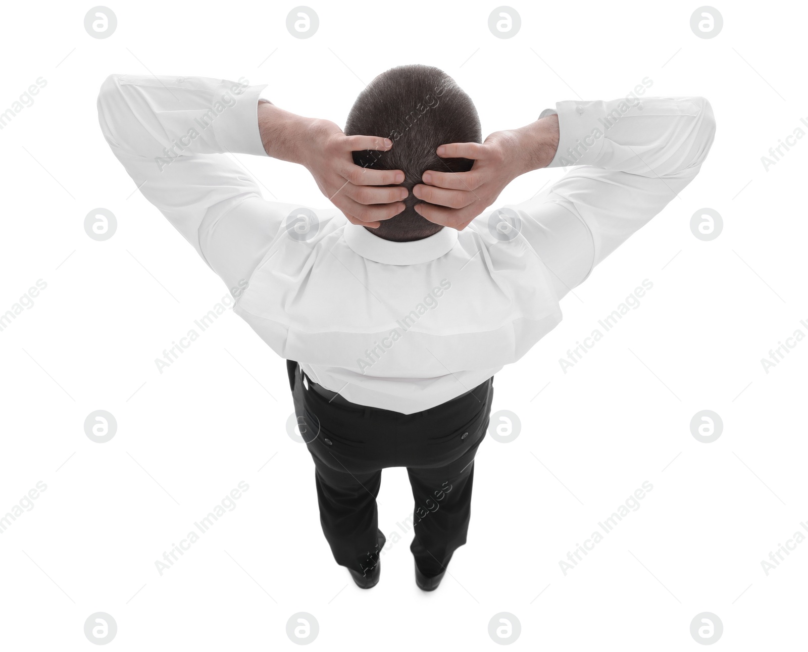 Photo of Man in formal clothes on white background, back view