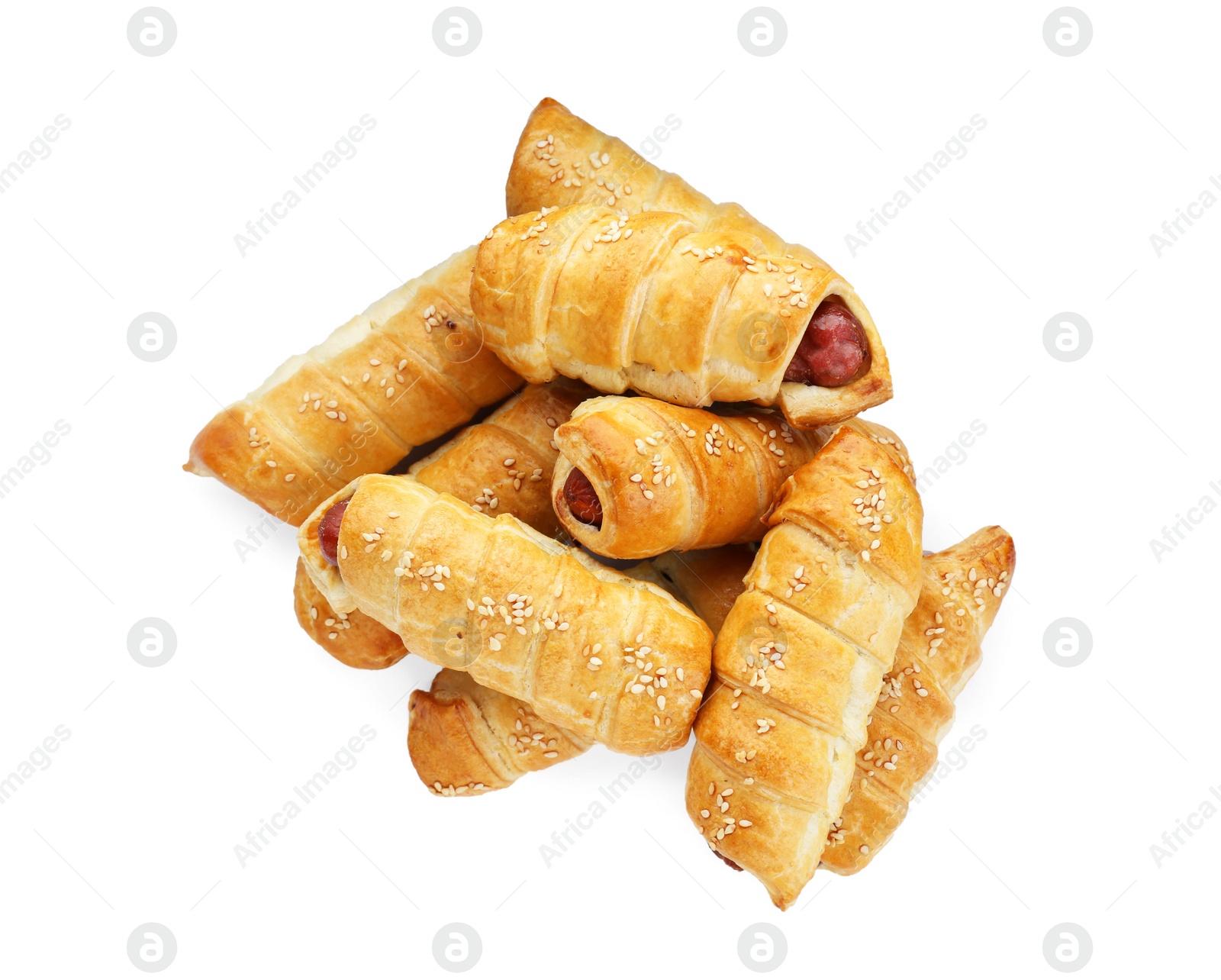 Photo of Many delicious sausage rolls isolated on white, top view