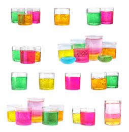 Image of Set of different colorful slimes on white background. Antistress toy 