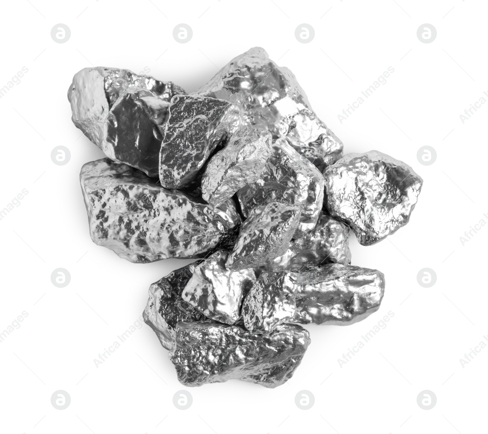 Photo of Pile of silver nuggets isolated on white, top view