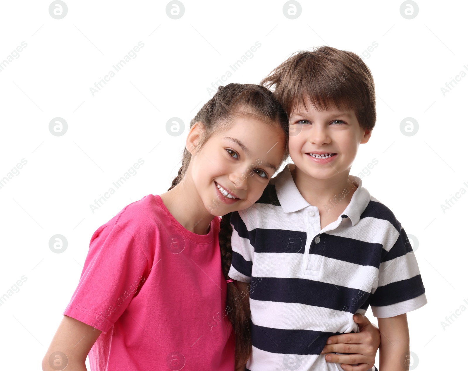 Photo of Happy brother and sister hugging on white background