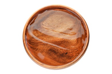 Wooden bowl full of water isolated on white, top view