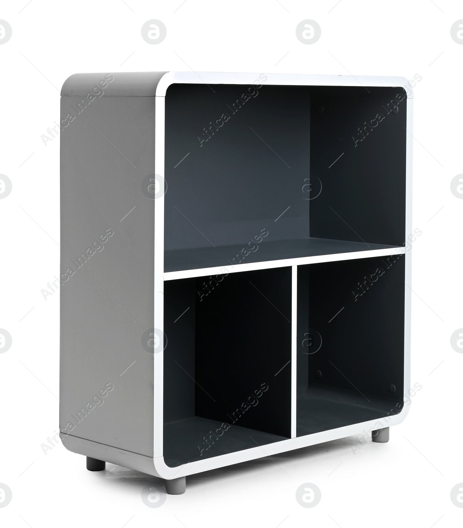 Photo of Stylish shelving unit with empty compartments on white background. Furniture for wardrobe room