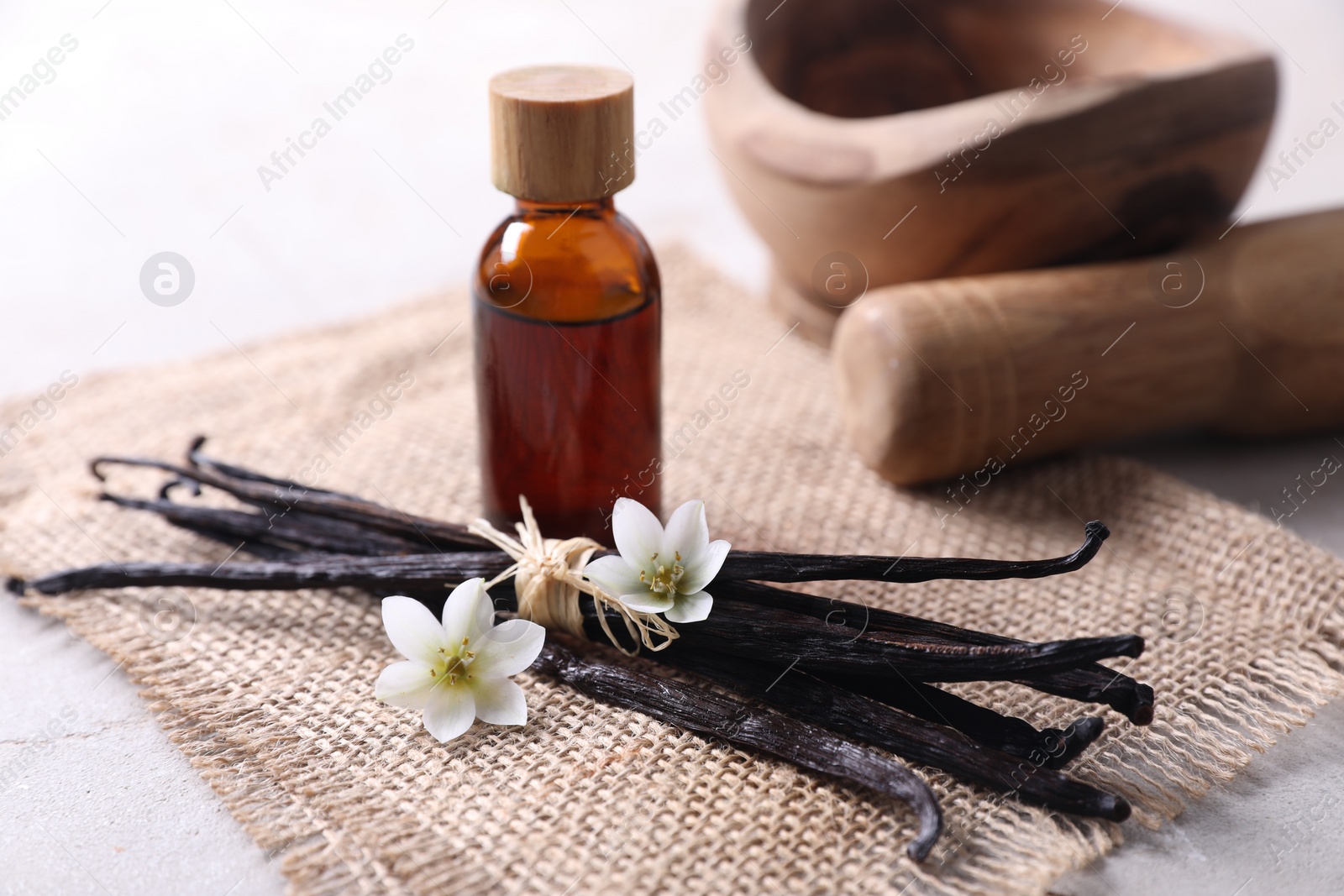 Photo of Vanilla pods, essential oil and flowers on light gray table