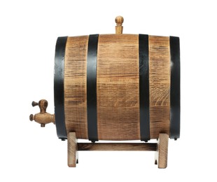 Photo of One wooden barrel with tap on white background