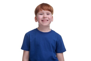 Photo of Portrait of happy little boy on white background