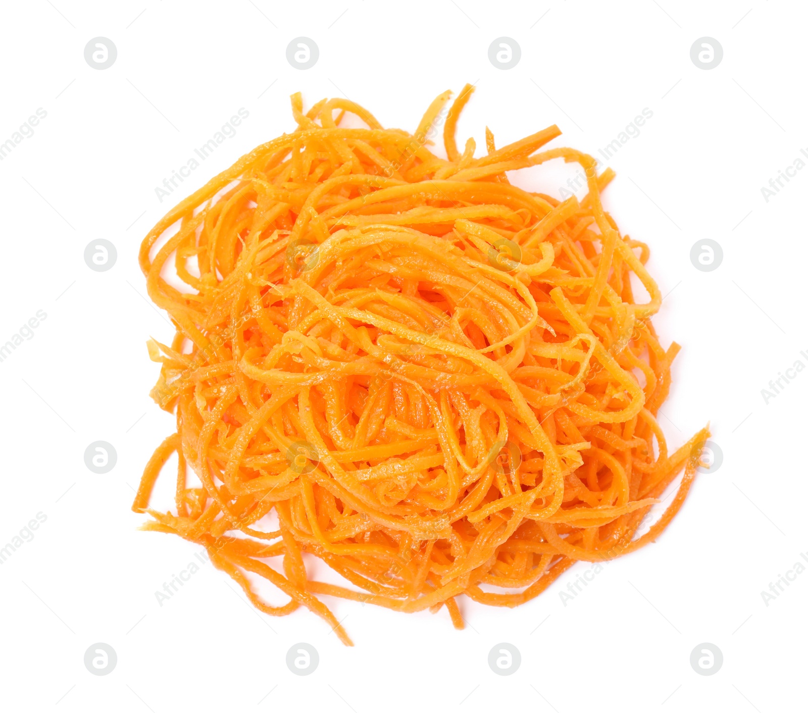 Photo of Delicious Korean carrot salad isolated on white, top view