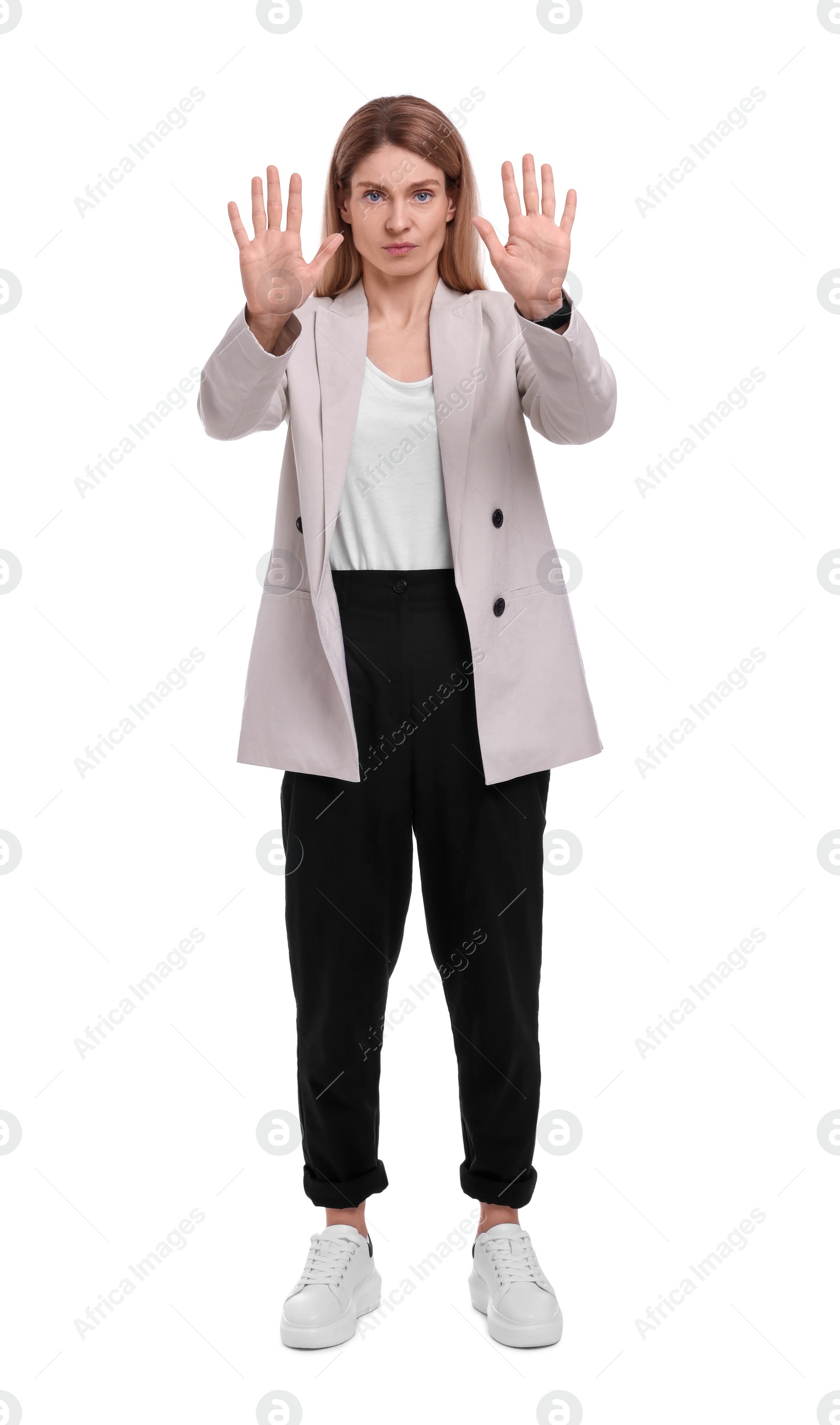 Photo of Full length portrait of beautiful businesswoman on white background