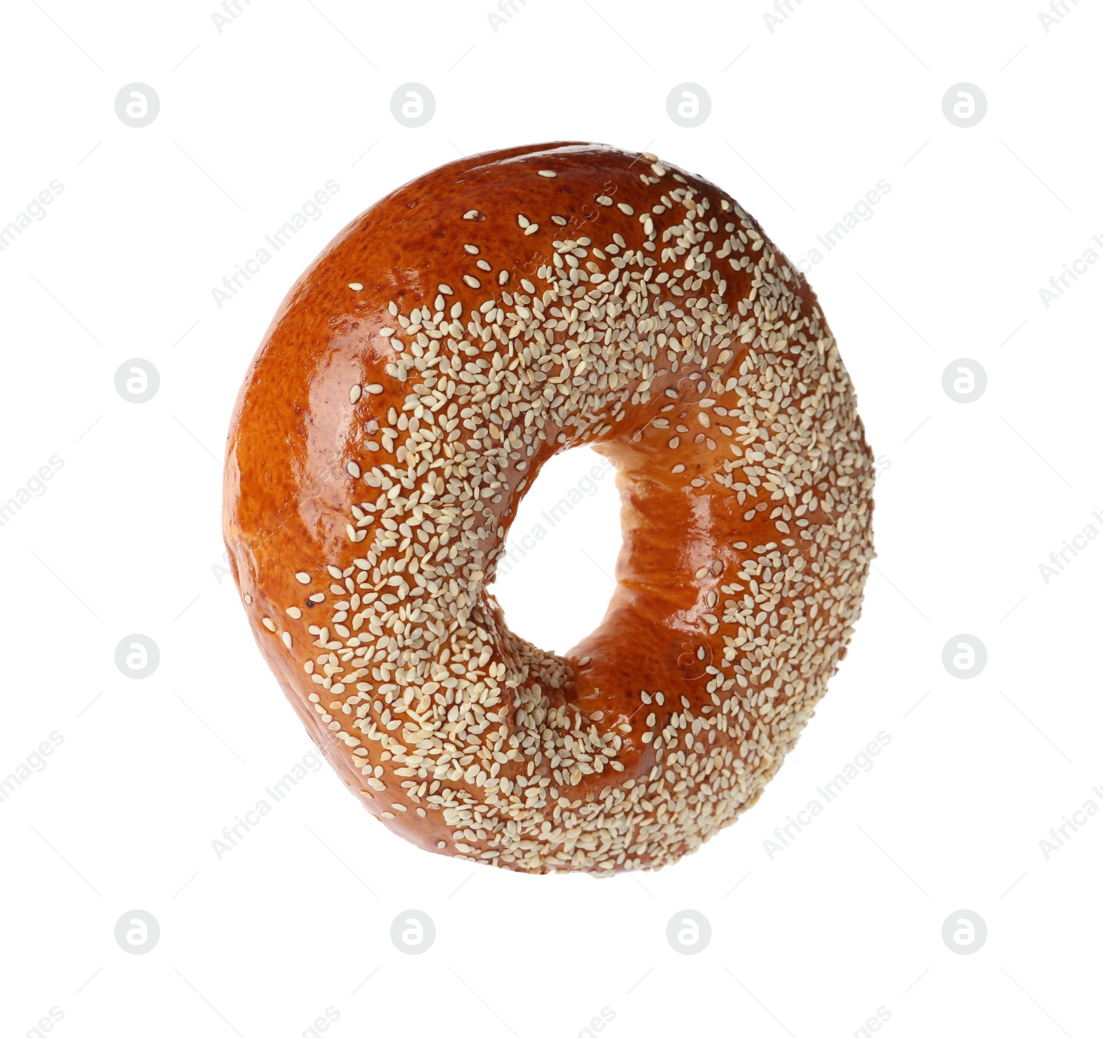 Photo of Delicious fresh bagel with sesame seeds isolated on white