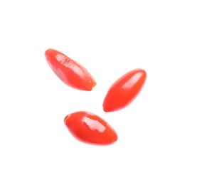 Fresh ripe goji berries on white background, top view