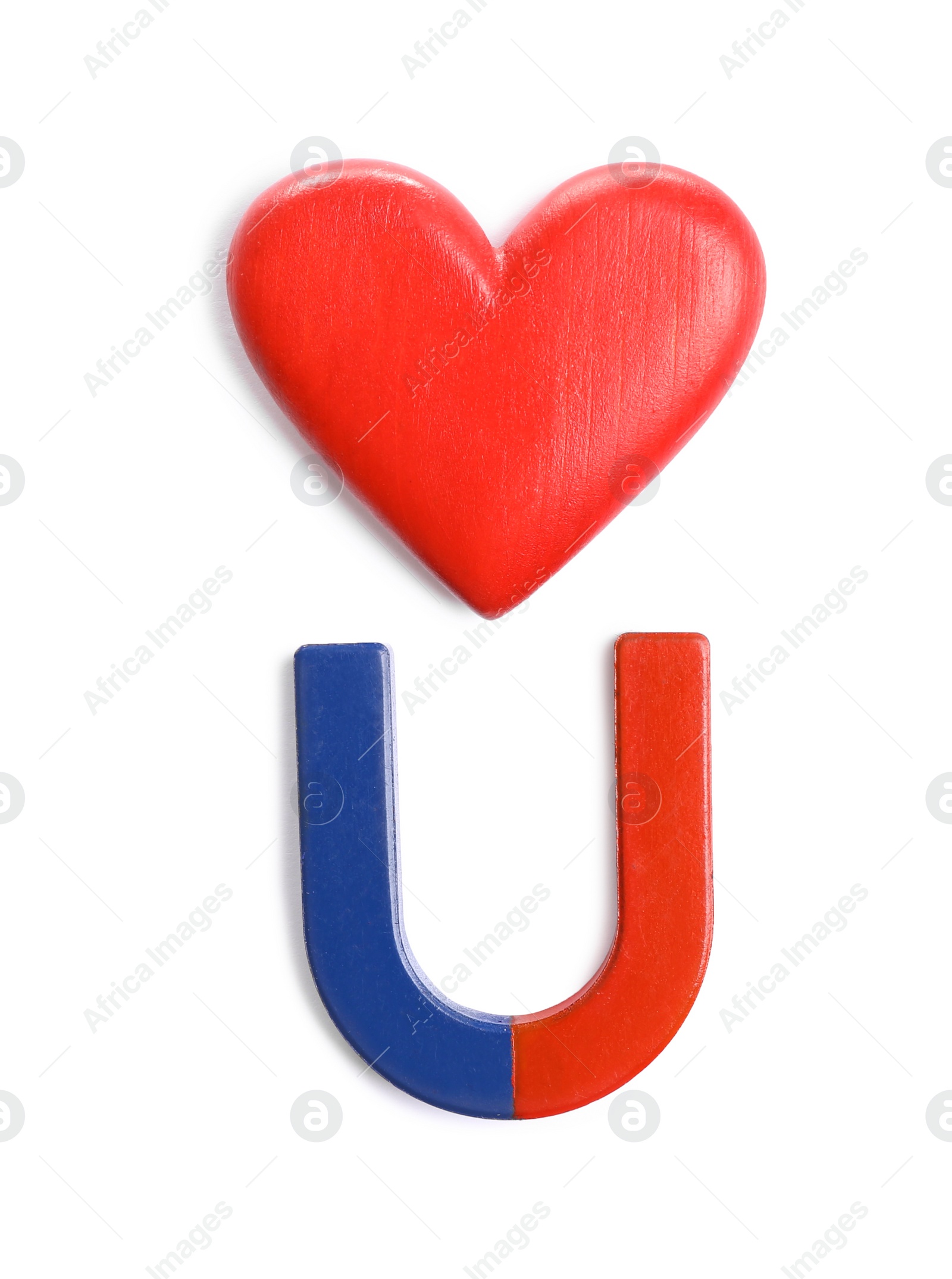 Photo of Red and blue horseshoe magnet with decorative heart on white background, top view