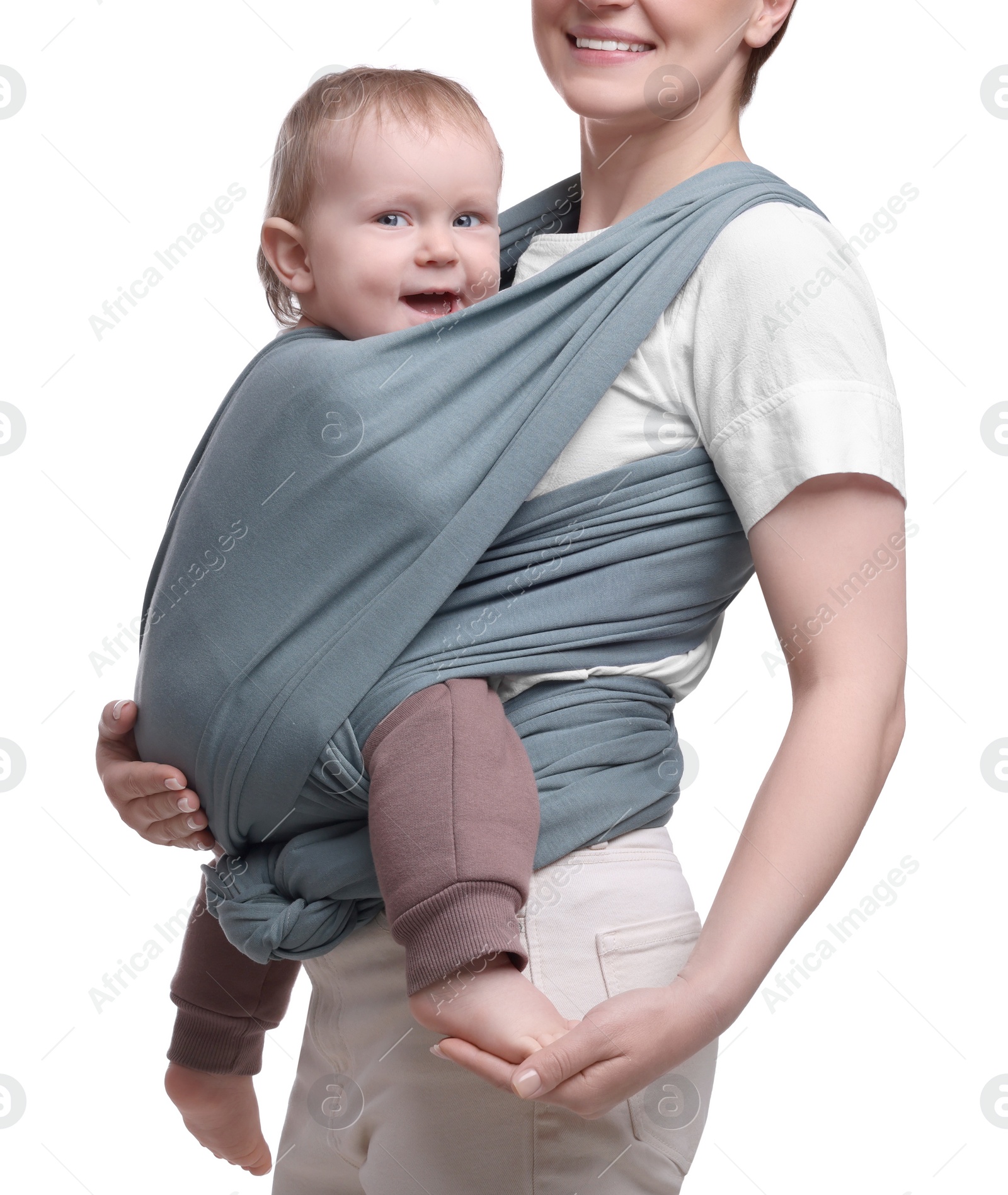 Photo of Mother holding her child in baby wrap on white background, closeup